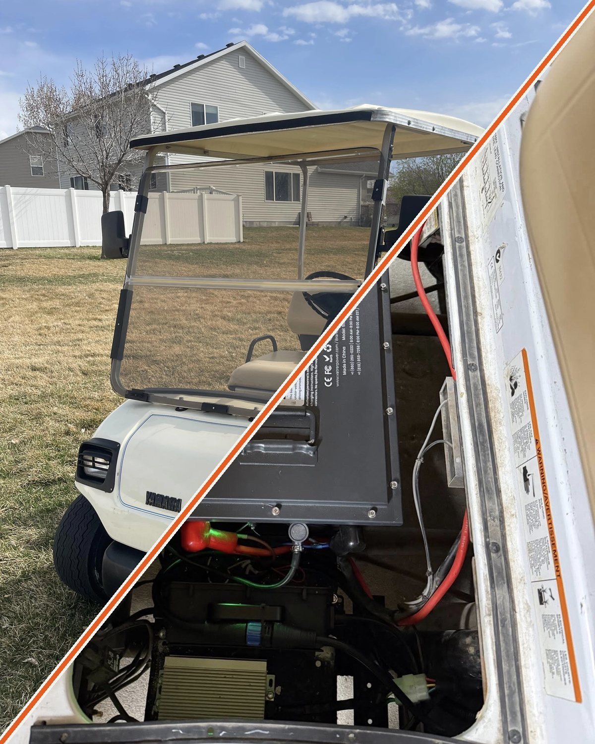 Split before-and-after: a cream Yamaha golf cart and its new VATRER 51.2V LiFePO4 lithium battery installed under the seat